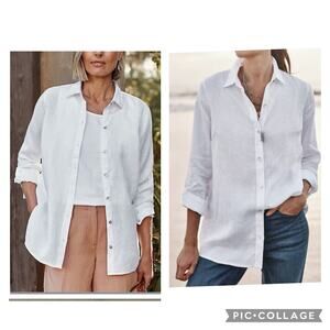 J JILL LOVE LINEN BUTTON FRONT TAB SLEEVE TUNIC BLOUSE WHITE 2x Cruise Vacation